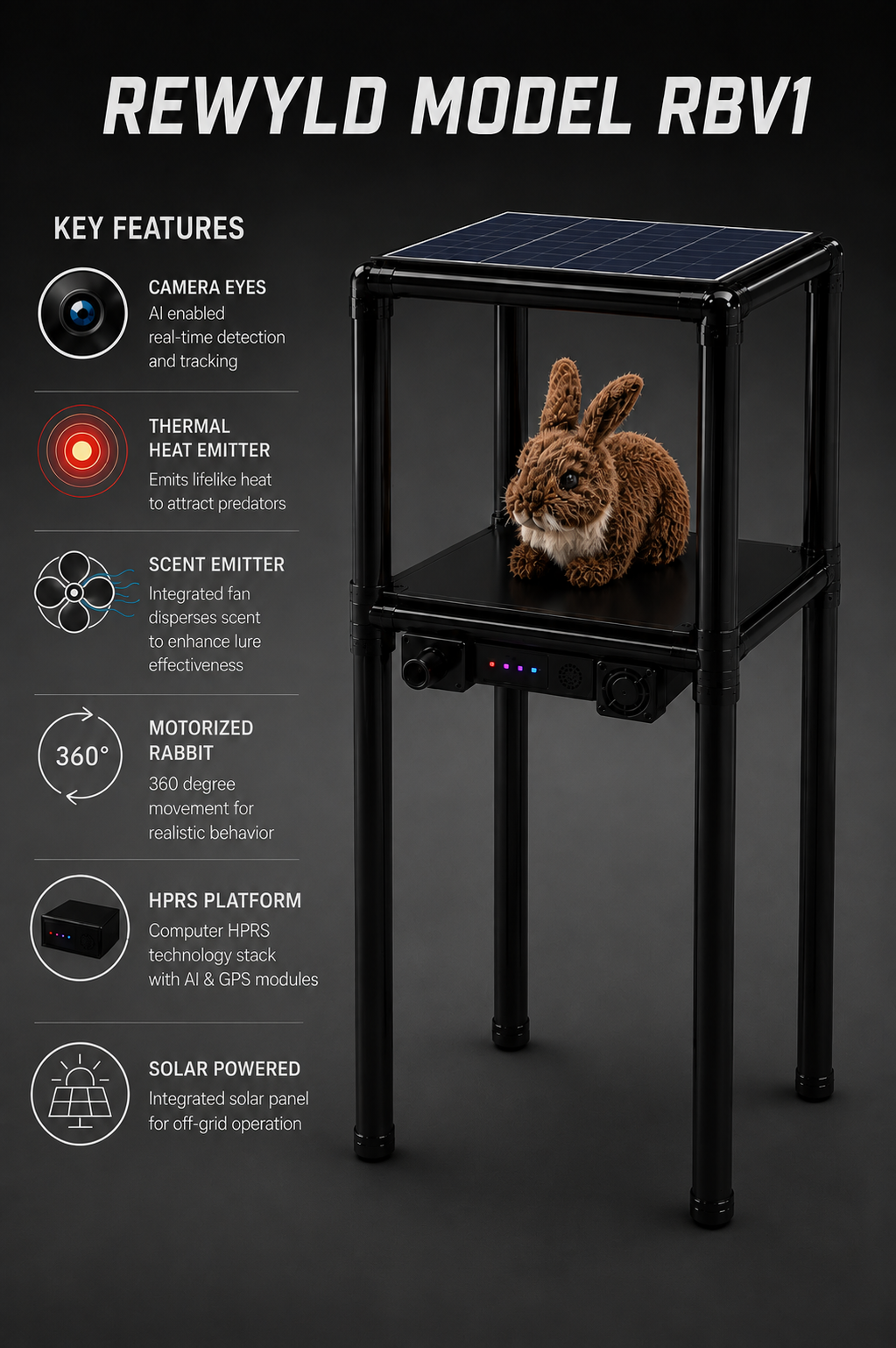 Rewyld Model RBV1 — AI robotic rabbit decoy with key features